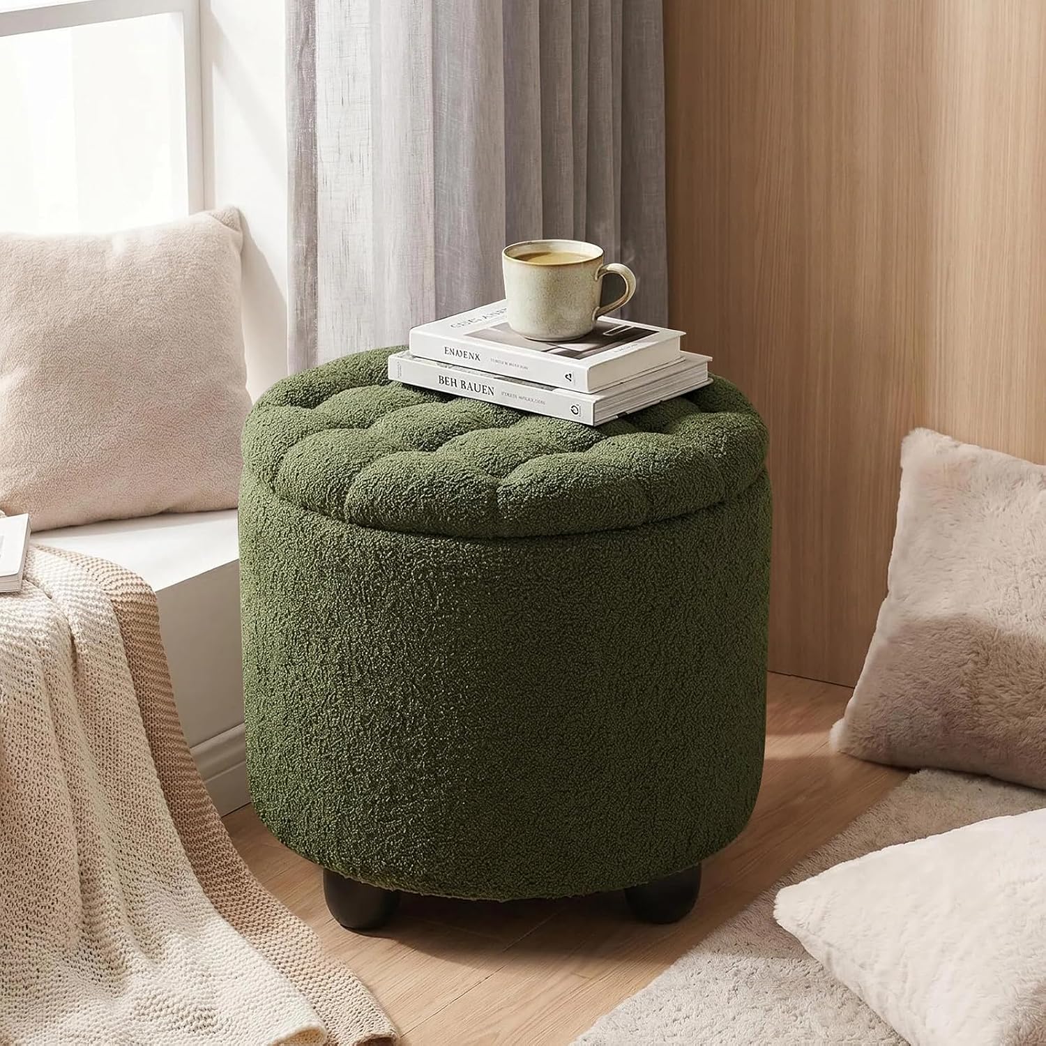 Furniliving Modern Round Storage Ottoman, Upholstered Button Tufted Ottoman Footstool Ottomans with Removable Lid Storage Footstool for Living Room, Bedroom, Makeup Room, Teddy, Green