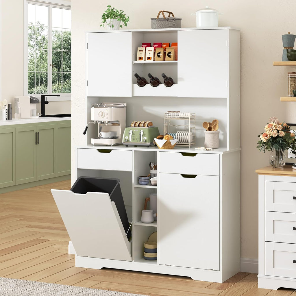 71"H Kitchen Pantry Storage Cabinet with Power Outlets and Two Drawers,10X2 Gallon Kitchen Hidden Double Tilt Out Trash Can Cabinet with Trash Bin Storage Holders,Laundry Hamper Cabinets(White)