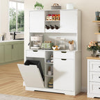71"H Kitchen Pantry Storage Cabinet with Power Outlets and Two Drawers,10X2 Gallon Kitchen Hidden Double Tilt Out Trash Can Cabinet with Trash Bin Storage Holders,Laundry Hamper Cabinets(White)