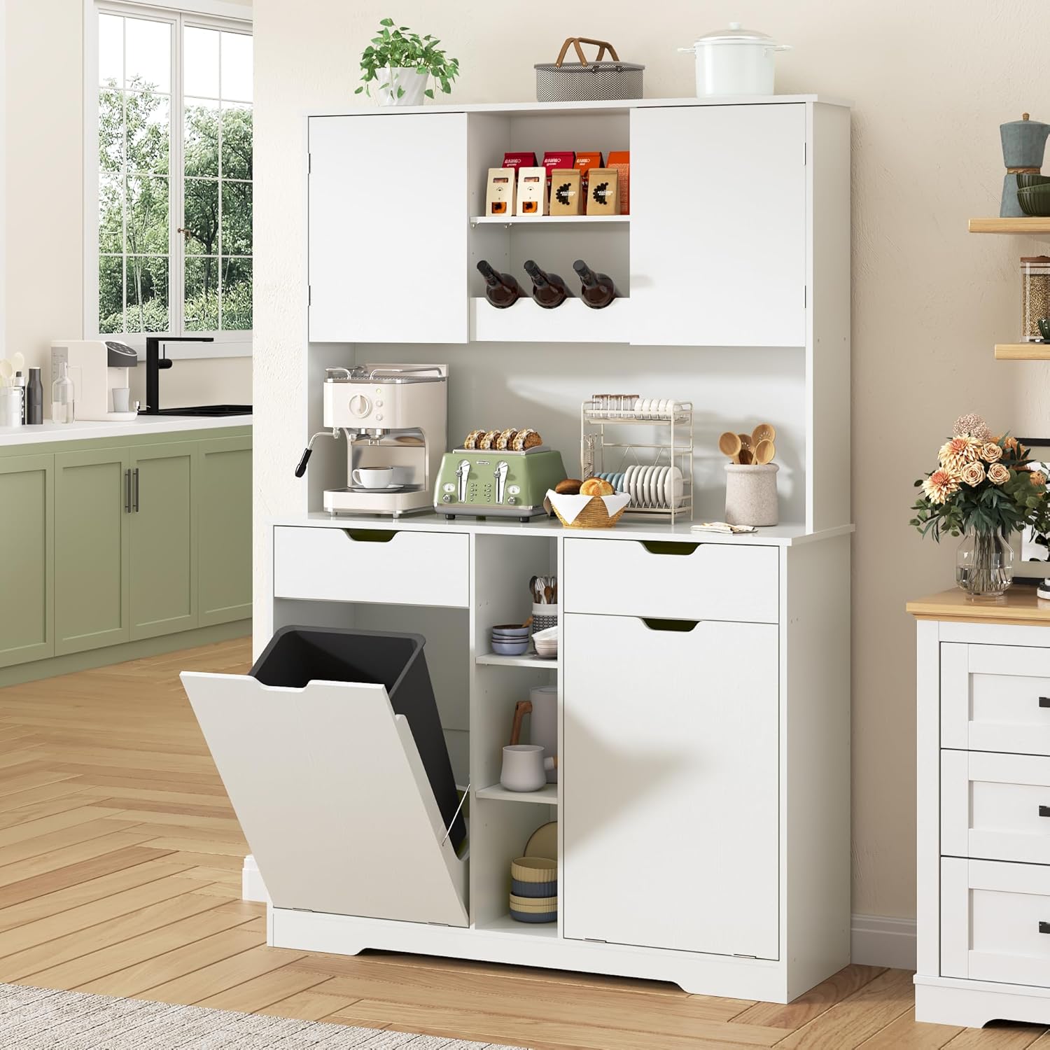 71"H Kitchen Pantry Storage Cabinet with Power Outlets and Two Drawers,10X2 Gallon Kitchen Hidden Double Tilt Out Trash Can Cabinet with Trash Bin Storage Holders,Laundry Hamper Cabinets(White)