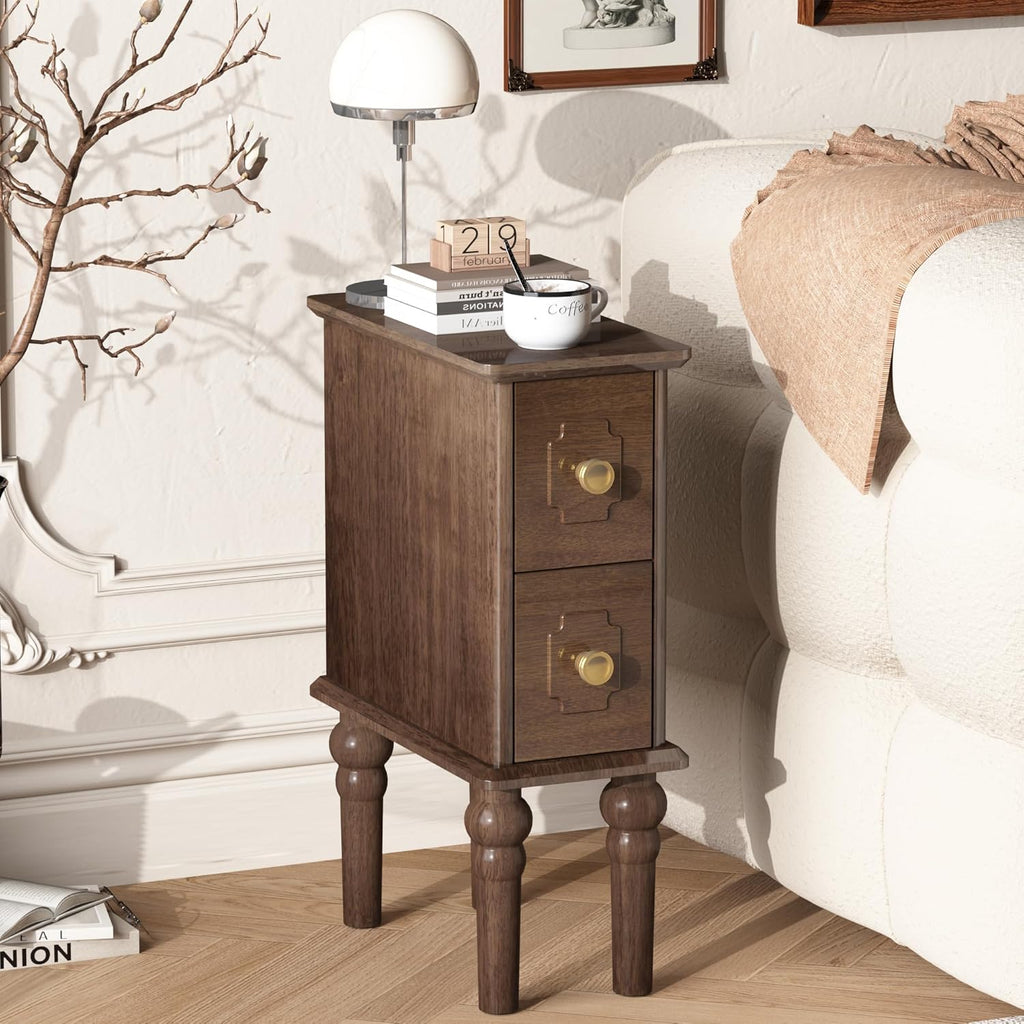 Solid Wood End Table, Walnut Narrow Side Table with Drawers, Small Nightstand Skiny Beside Table for Small Space, Living Room, Bedroom, 8" Width