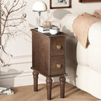 Solid Wood End Table, Walnut Narrow Side Table with Drawers, Small Nightstand Skiny Beside Table for Small Space, Living Room, Bedroom, 8" Width