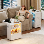 Dystler Side Table with Charging Station and LED Lights, 27.5" Tall Rolling End Table with Drawers and Shelves, Narrow Nightstand with Wheels for Small Space, Living Room, Bedroom, White
