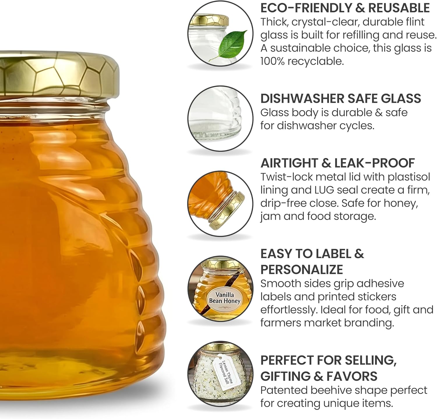 RetroPak Beehive Honey Jars with Lids, 12 Pack, 12 oz Glass Jars, Gold Hex | Perfect for farmers markets, gift baskets, and cottage food sales
