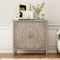 Carved Buffet Cabinet with Floral Pattern & Gold Handle, 31.5" W Distressed Sideboard with 2 Doors & Solid Wood Leg, American Style Accent Cabinet for Living Room, Kitchen, Vintage Color, 1 PC