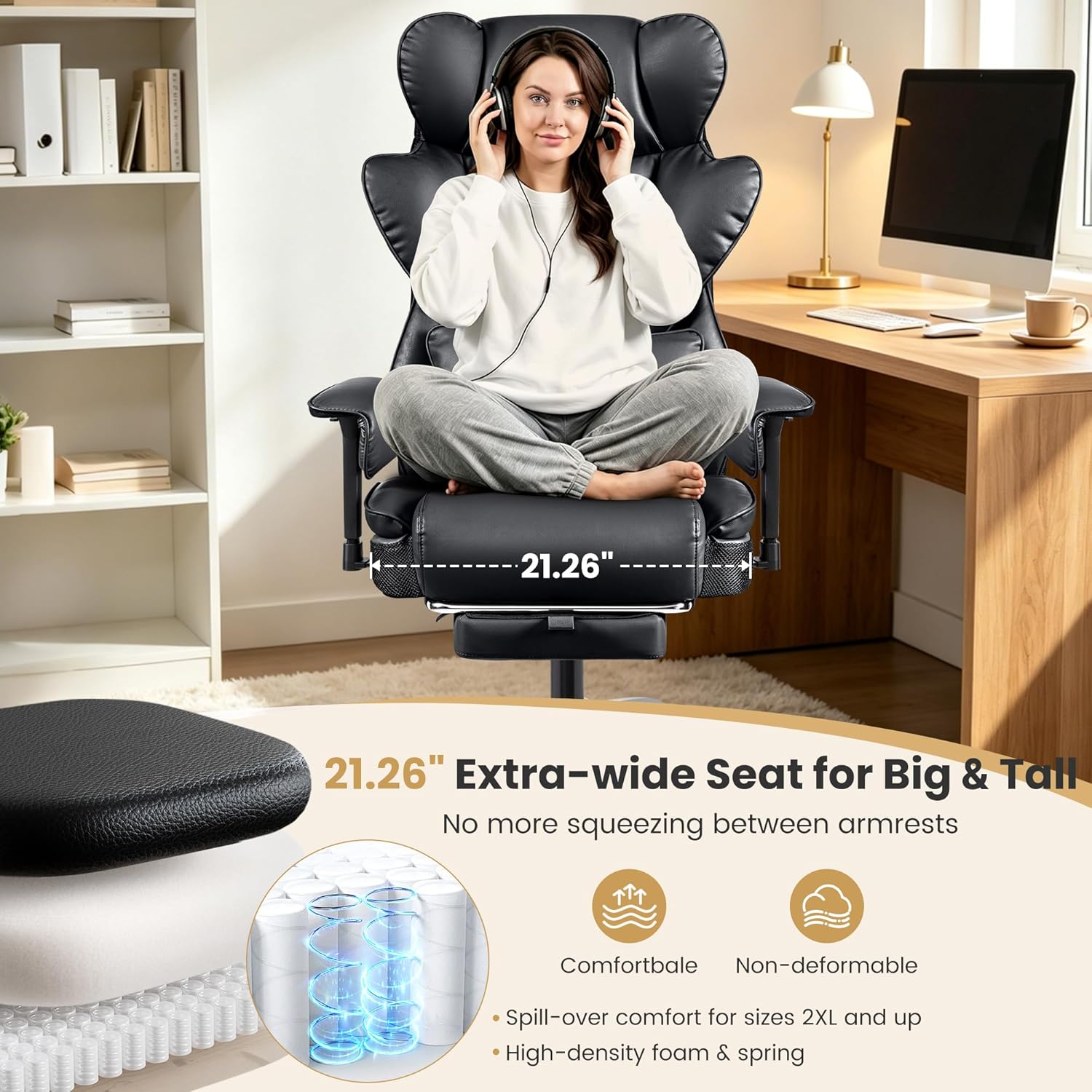 Big & Tall Office Chair 400 lbs – 21.3" Wide Seat High Back Ergonomic Executive Chair with Retractable Footrest, Heavy Duty Computer Gaming Chair for Heavy People, Black