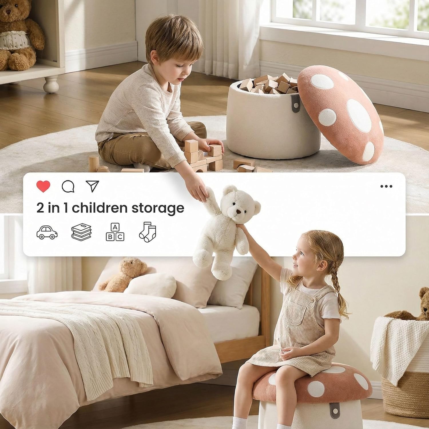 Mushroom Toddler Chair Comfy Chenille Kids Reading Chairs, Wooden Children Stool, No Assembly Kid Desk Chair, Cute Storage Ottoman for Kids Bedroom Furniture/Playroom/Boys Girls Gifts, Pink