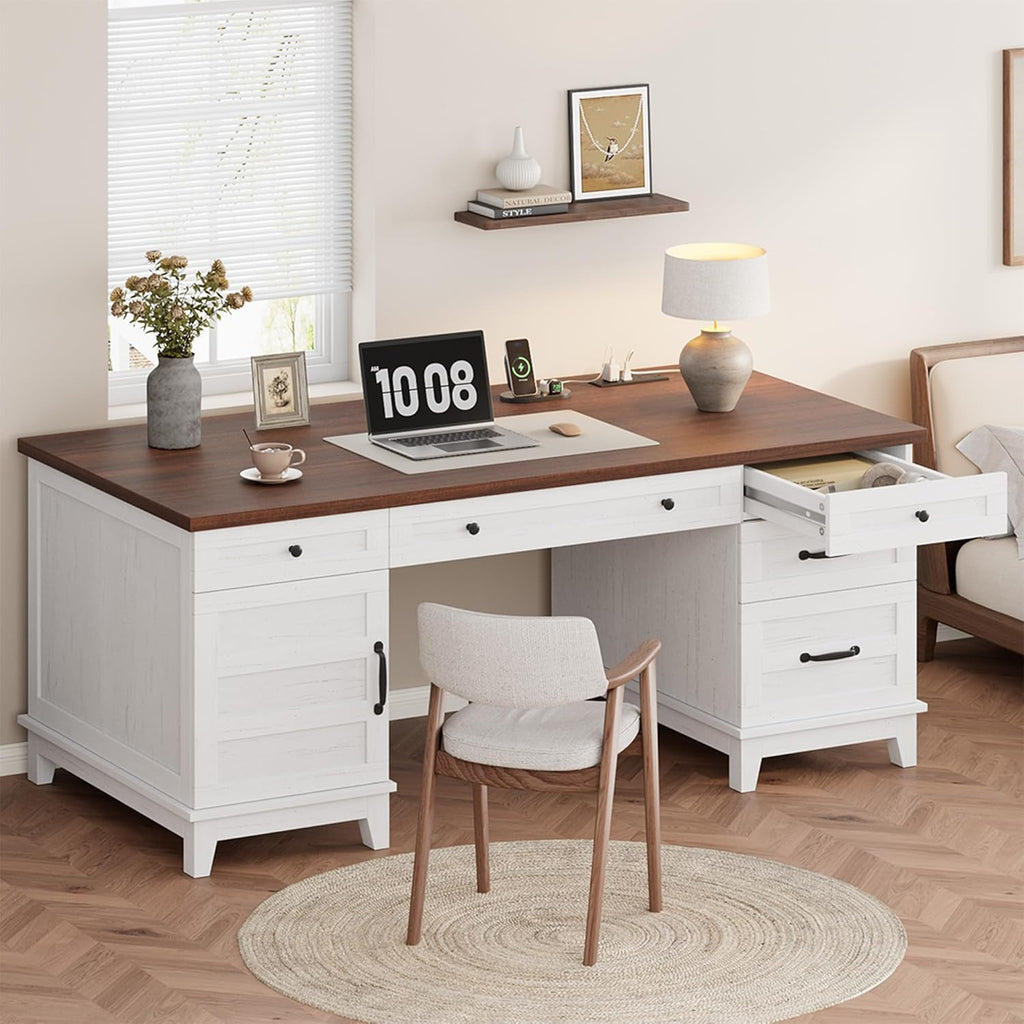 Garvee 60" Wooden Home Office Desk with File Drawers, Executive Desk with Adjustable Cabinet, Farmhouse Wood Desk with Power Outlet, Distressed Study and Work Table, Rustic White