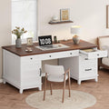 Garvee 60" Wooden Home Office Desk with File Drawers, Executive Desk with Adjustable Cabinet, Farmhouse Wood Desk with Power Outlet, Distressed Study and Work Table, Rustic White