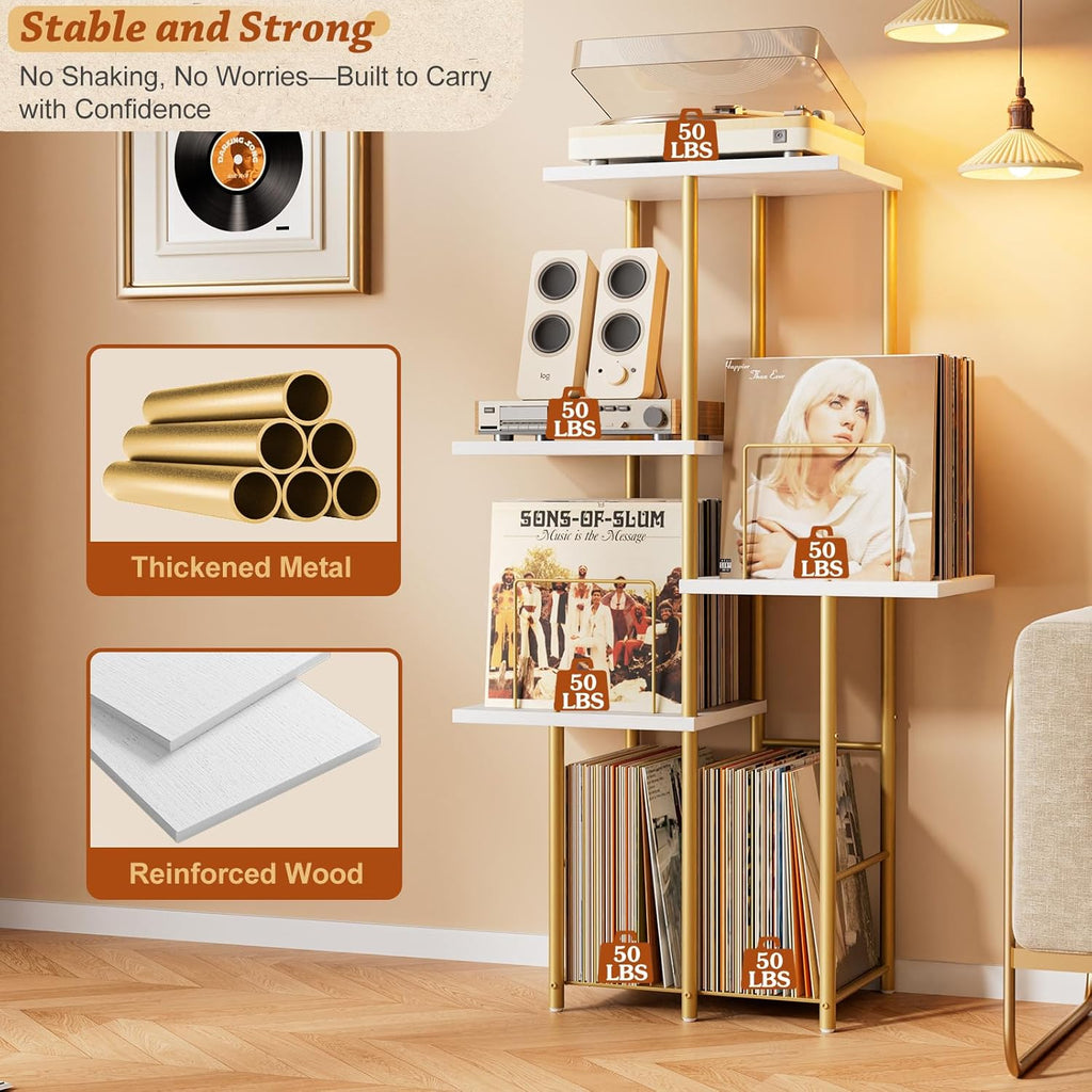 Record Player Stand, Vinyl Record Storage Holder with Display Shelf, Turntable Stand Table with Vinyl Organizer Dividers Album Rack, Vintage Style Record Cabinet Wood, Mid Century Modern Tall Console
