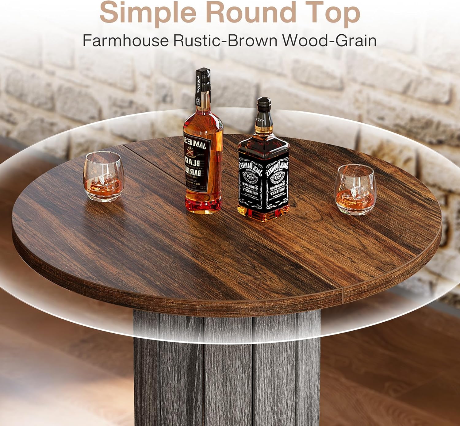 Tribesigns Round Bar Table, 39.4" H Wood Bistro Pub Table with Metal Ring Footrest for Dining Coffee Cocktail Living Room, Small Space, Brown & Gray (Only Table)