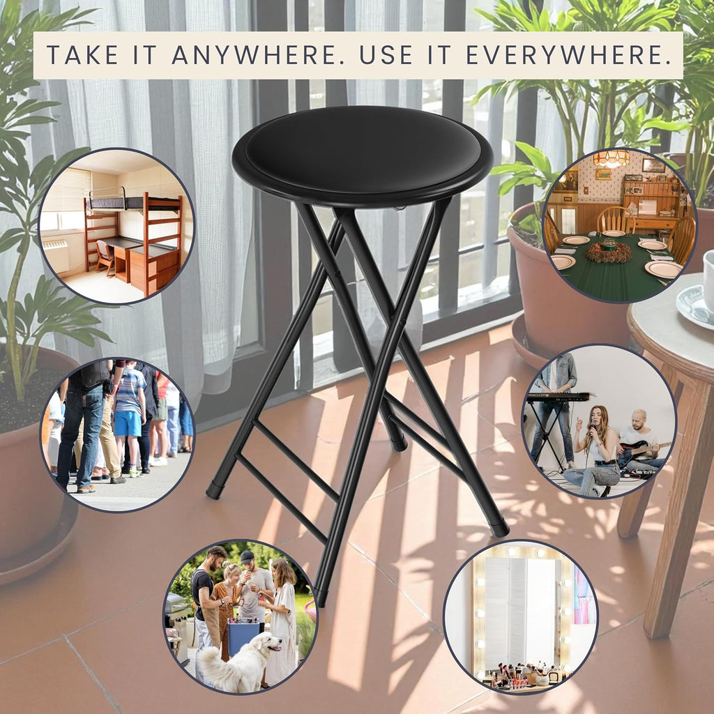 Backless Folding Stool with 225lb Capacity for Kitchen or Rec Room - Portable Indoor Counter Bar Stools (24-Inch, Black)