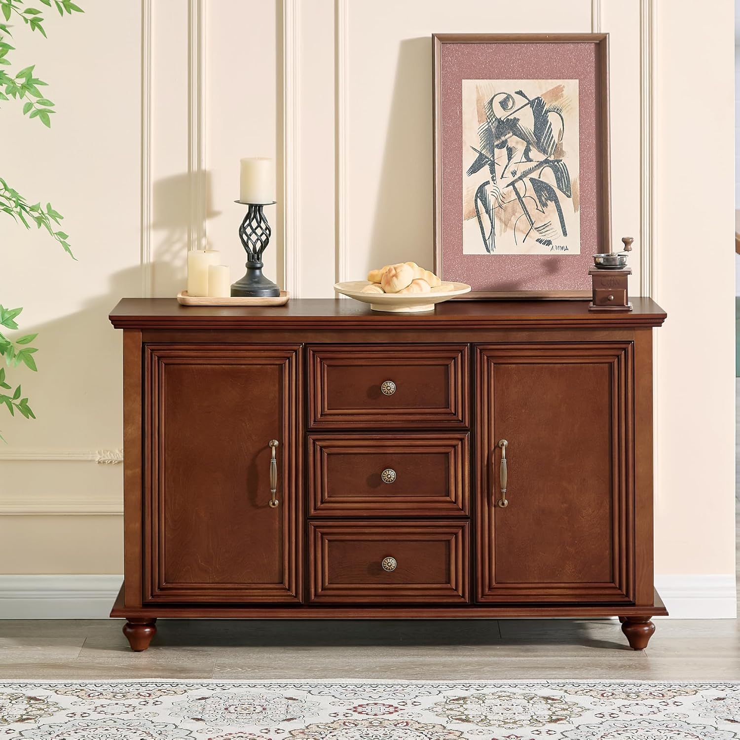 LKTART 47" Wood Sideboard Buffet Cabinet with Storage,Traditional Media Console with 2 Doors & 3 Drawers,Adjustable Shelves Credenza with Solid Wood Legs for Kitchen,Living Room,Walnut
