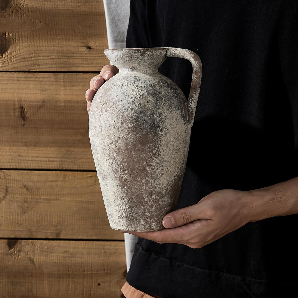 LUKA Ceramic Rustic Farmhouse Vase,9.25 inch Terracotta Vase with Handle,Neutral Tall Clay Vases Decorative Vases for Living Room,Table,Shelf Decor(Brown,L)
