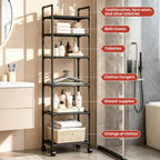 GOESWELL 6-Tier Slim Storage Cart: Rolling Utility Cart on Wheels with 2 Lockable Casters, Narrow Metal Shelving Unit for Kitchen Bathroom Laundry Home Organizer Black