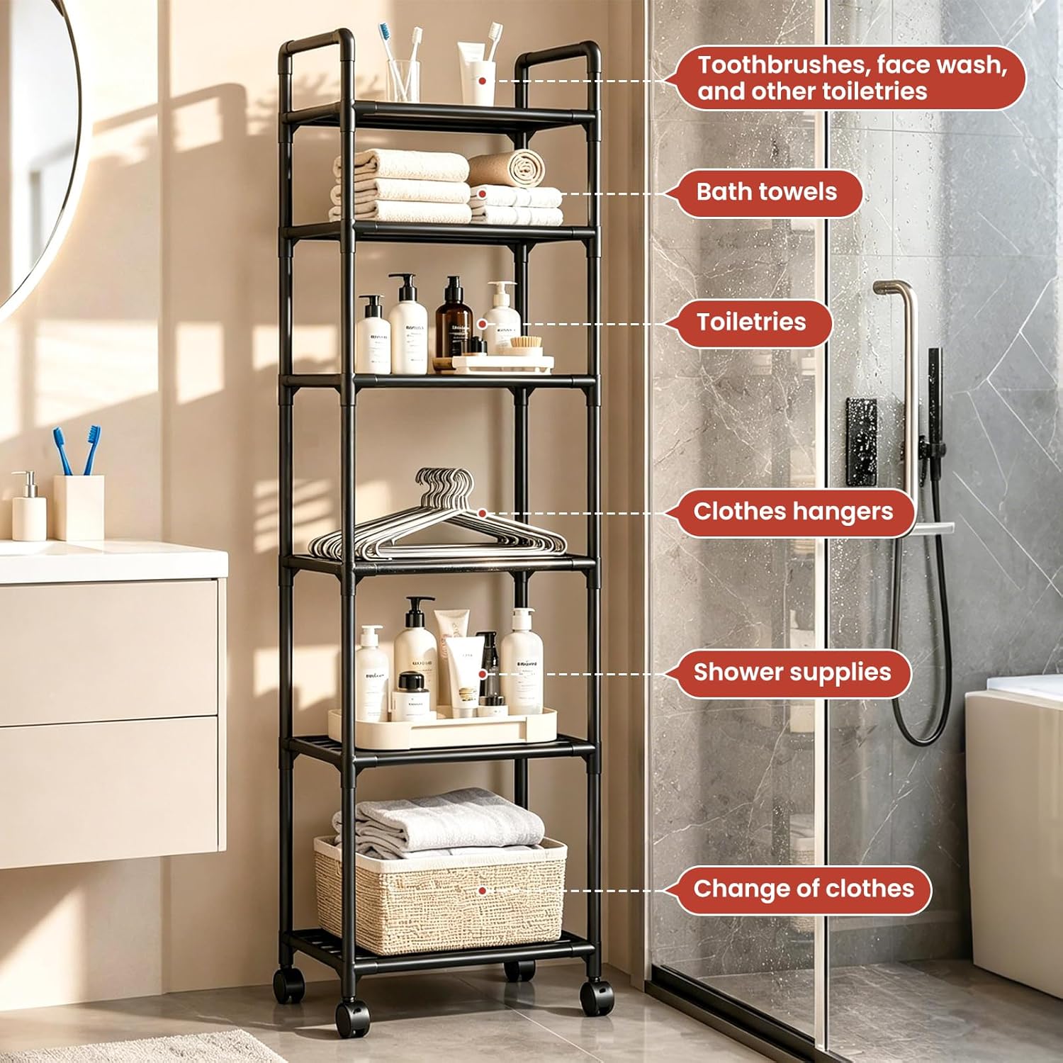 GOESWELL 6-Tier Slim Storage Cart: Rolling Utility Cart on Wheels with 2 Lockable Casters, Narrow Metal Shelving Unit for Kitchen Bathroom Laundry Home Organizer Black