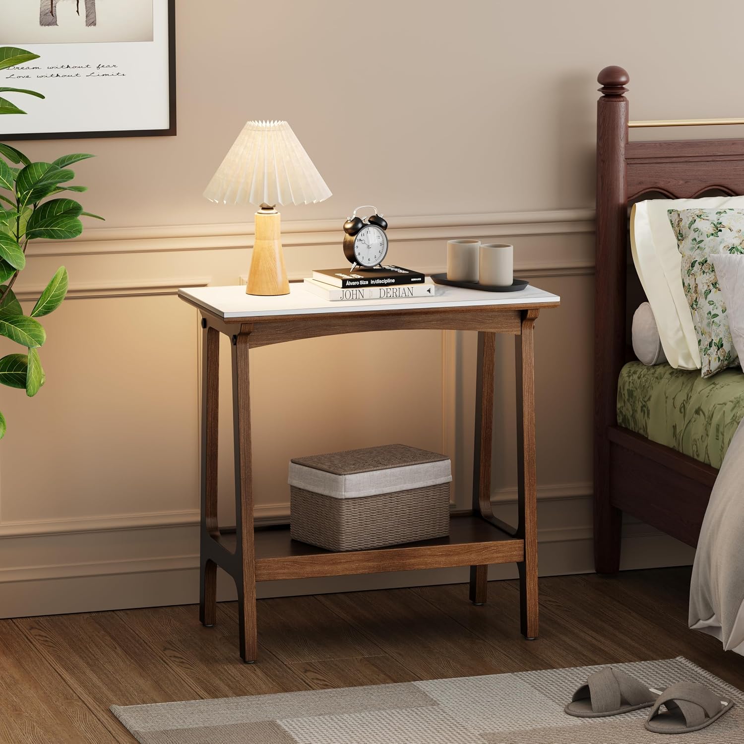 Narrow Side Table with Storage Shelf, Reddish Brown Walnut, 23.54 x 11.75 x 23.66 Inches, MDF with Marble Slate Top, Modern Vintage Style End Table for Small Spaces