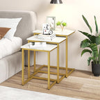 GOFLAME Nesting Coffee Tables Set of 3, Rectangular Nesting Center Table with Faux Marble Top & Metal Frame, Modern C-Shaped Nested Side Table Set for Living Room, Bedroom, Gold & White