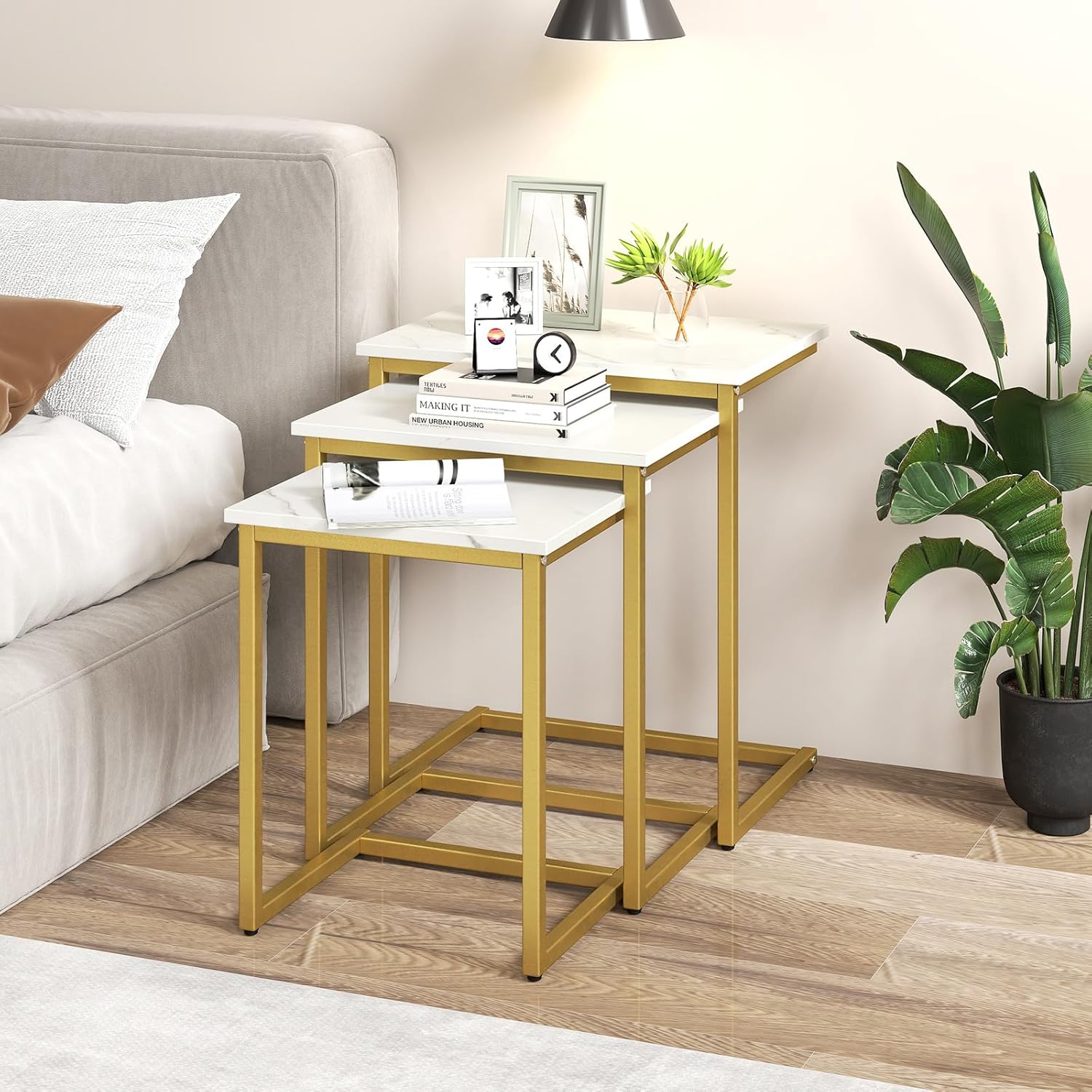 GOFLAME Nesting Coffee Tables Set of 3, Rectangular Nesting Center Table with Faux Marble Top & Metal Frame, Modern C-Shaped Nested Side Table Set for Living Room, Bedroom, Gold & White