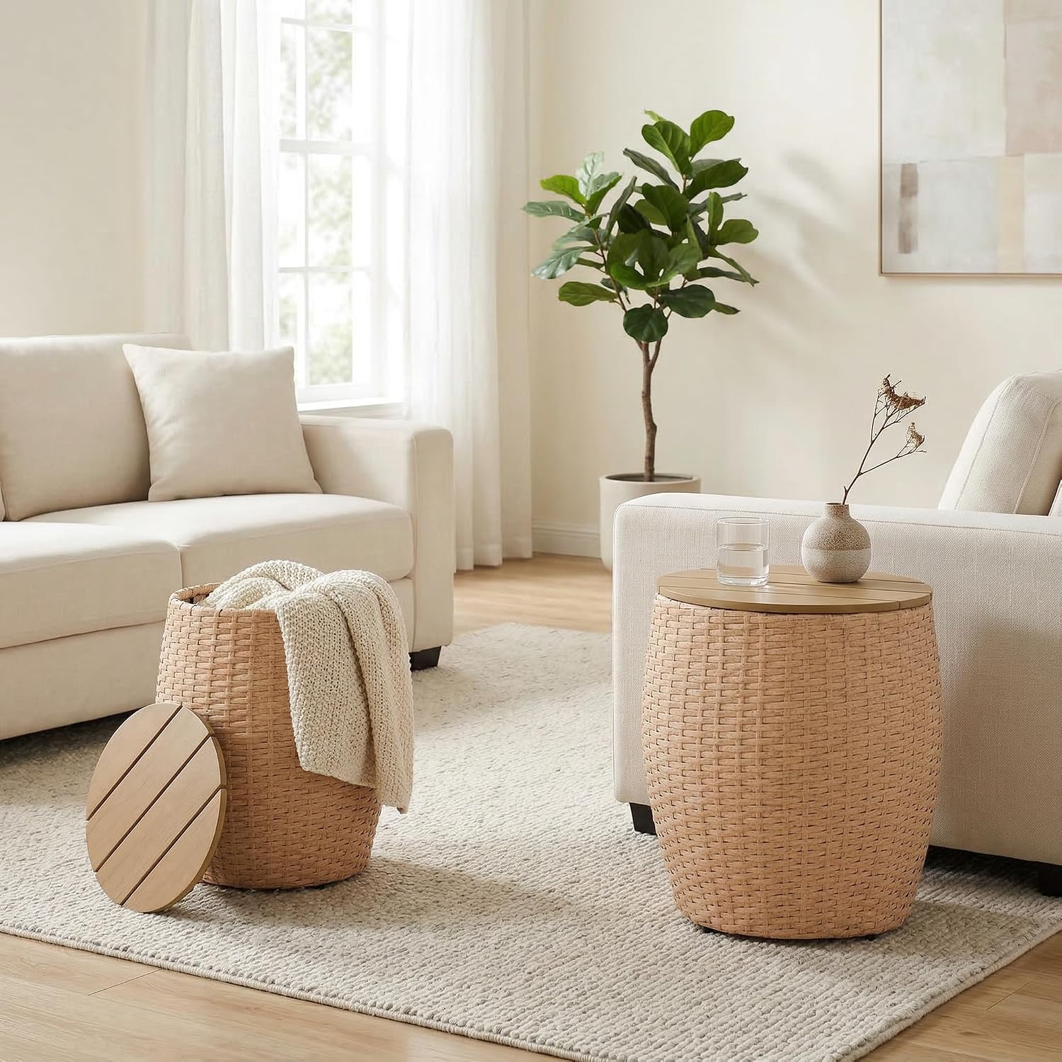 Wicker Side Table Set of 2, Round End Tables with Storage Basket, Multifunctional Barrel Side Tables for Living Room, Bedroom, Laundry