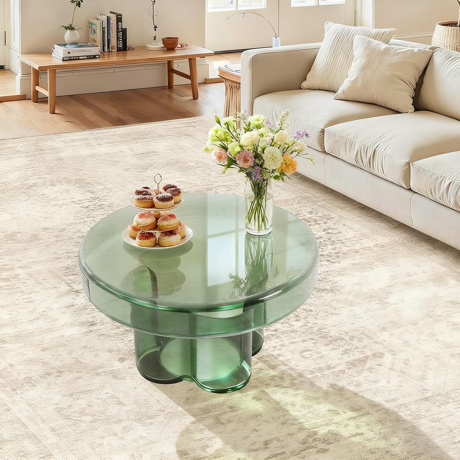 Coffee Table, Round Glass Side Table with Unique Petal Design Pedestal, Simple Center Tables, Modern End Tables with Tempered Glass-Base and Top for Small Spaces