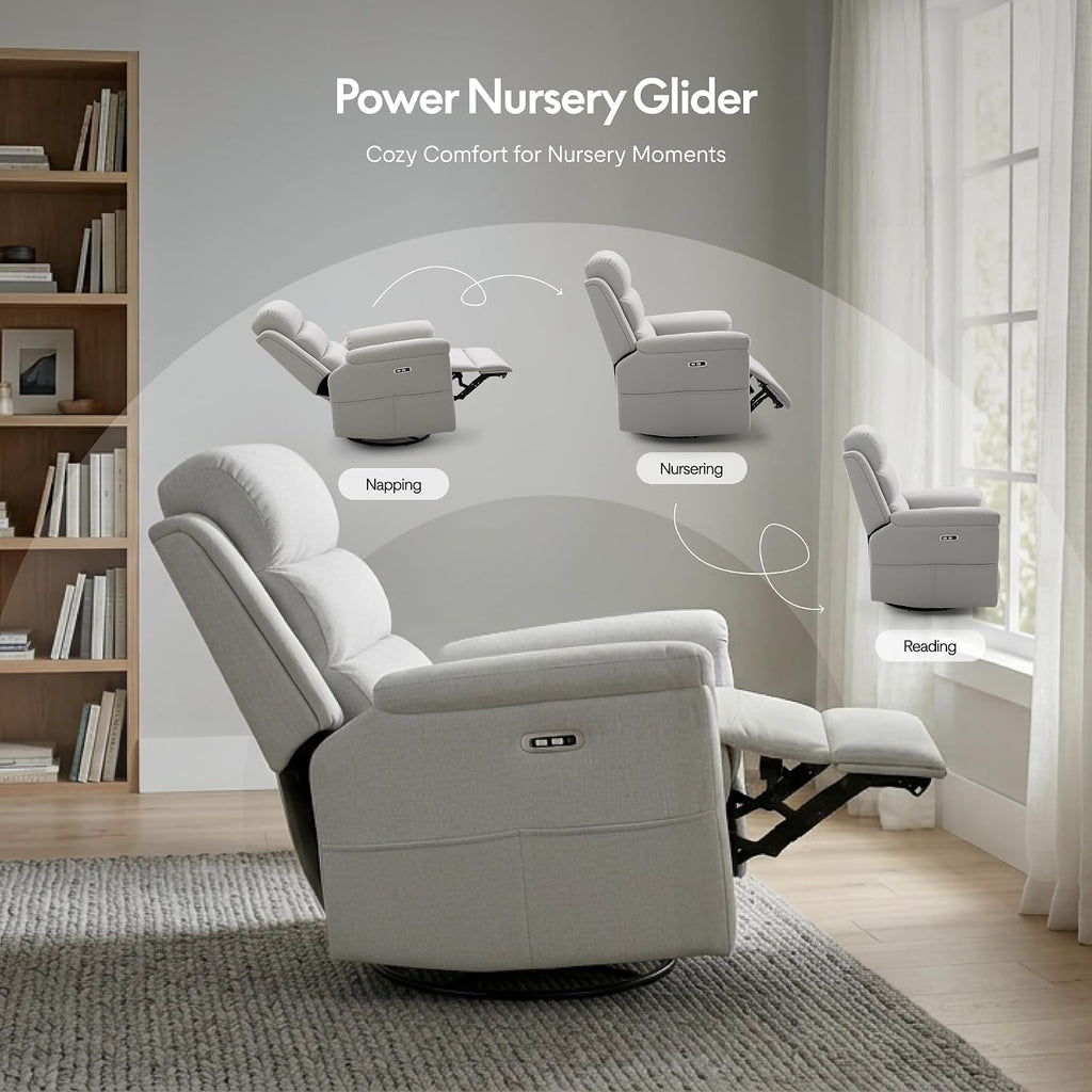 FLEXISPOT Souffle-Pro Swivel Rocker Recliner Chair, Power Nursery Glider Recliner with Massage & Heat, Adjustable Headrest, Oeko-TEX Fabric, FSC Wood Frame Ideal for Nursery & Home, Light Grey