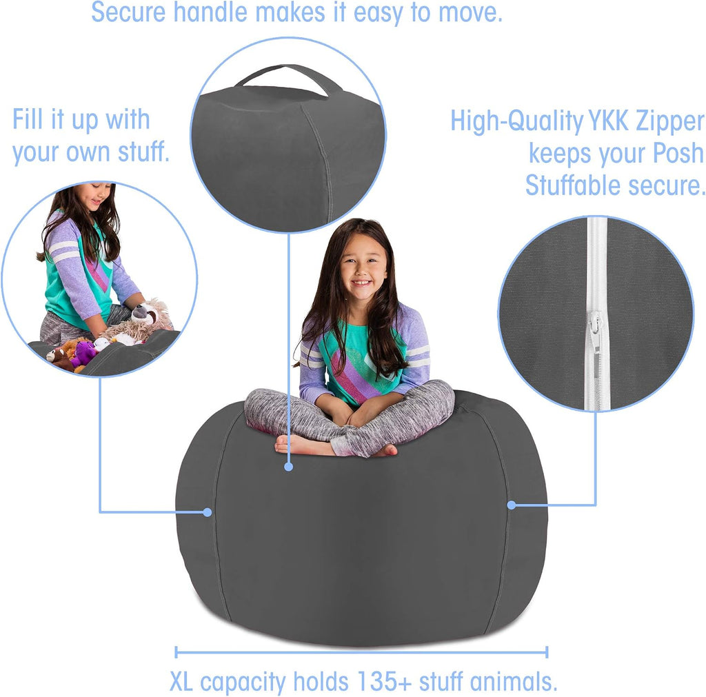 Posh Stuffable Kids Stuffed Animal Storage Bean Bag Chair Cover - Childrens Toy Organizer, X-Large 48" - Heather Gray