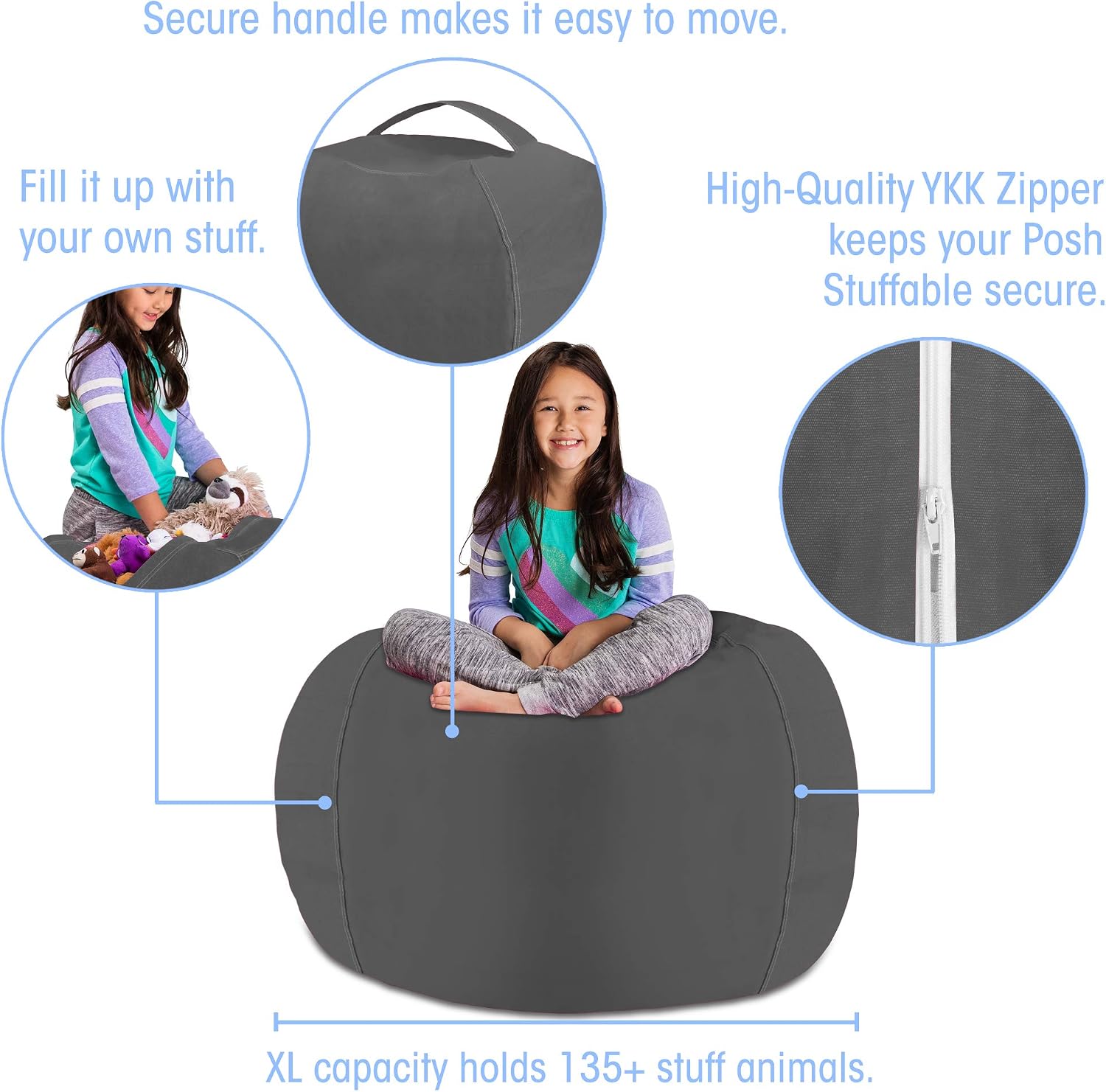 Posh Stuffable Kids Stuffed Animal Storage Bean Bag Chair Cover - Childrens Toy Organizer, X-Large 48" - Heather Gray