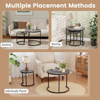Giantex Nesting Coffee Table Set of 2, Round Stacking Side Tables with Wooden Tabletop & Powder Coated Steel Frame, Space Saving Vintage End Tables for Living Room, Balcony, Office (Grey Oak)