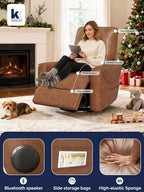 KINGYES Nursery Recliner Rocking Chair, 270° Swivel Glider, with Bluetooth Speaker & USB-C Port, Faux Leather Nursery Rocking Chair, Brown