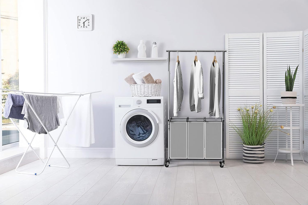 Simple Houseware 3 Bags Laundry Sorter with Extensible Clothes Hanging Rod