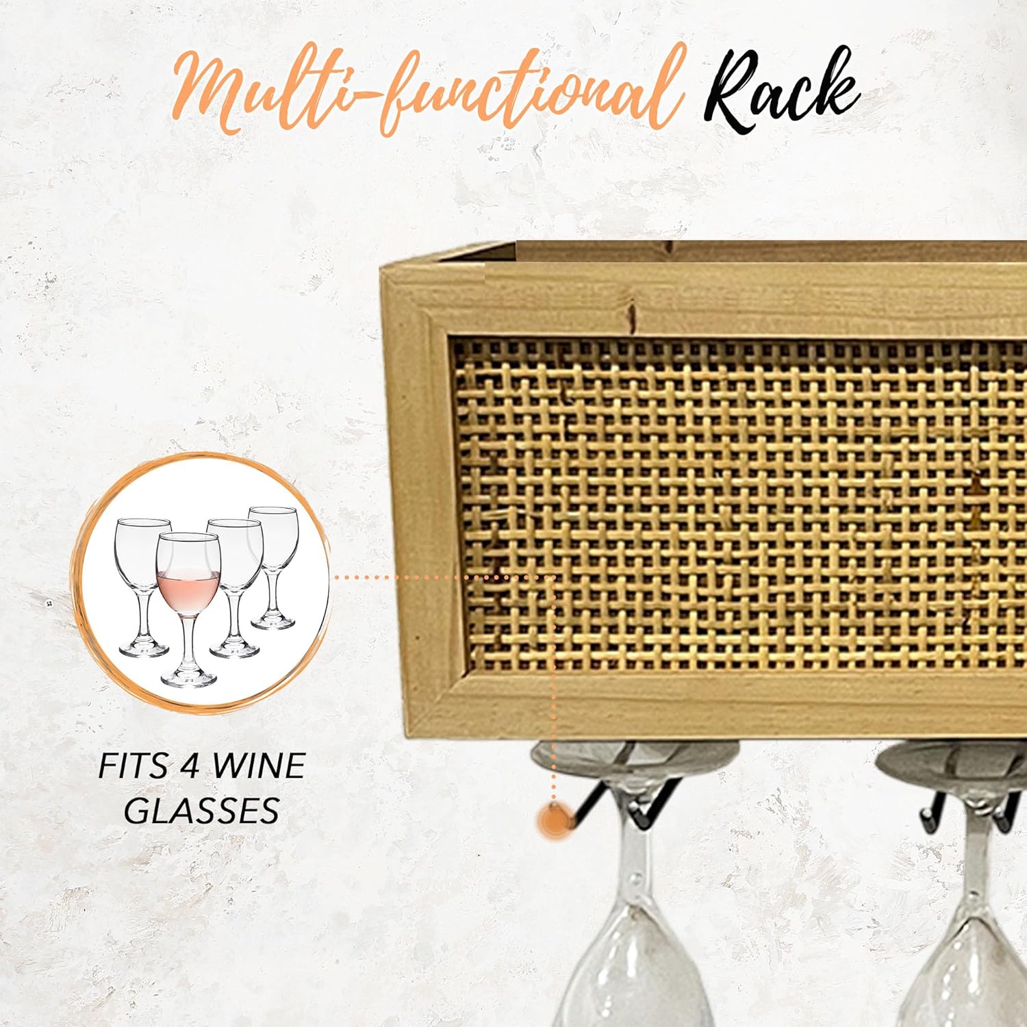 Autumn Alley Wall Mounted Wine Rack - Wine Glass Holder with Natural Rattan Caning - Boho Wine Bottle Holder Hanging for Home, Kitchen, Dining Room,Bar, Wood and Rattan Wall Decor