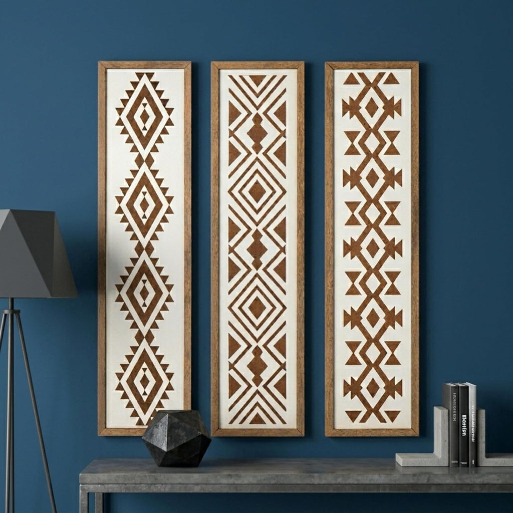 X DELUXE Minimalist Aztec Wood Wall Decor Set of 3 Geometric Scandinavian Boho Hanging Panels for Living Room Bedroom Hallway Office Modern Tribal MDF Wall Art Vertical Decorative Interior Accent