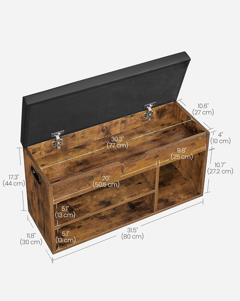 VASAGLE CUSTOS Collection - Storage Bench with Cushion, Shoe Bench, Padded Seat, Hidden Storage, Entryway, Hold up to 300 lb, 11.8 x 31.5 x 17.3 Inches, Rustic Brown and Ink Black ULHS30BX