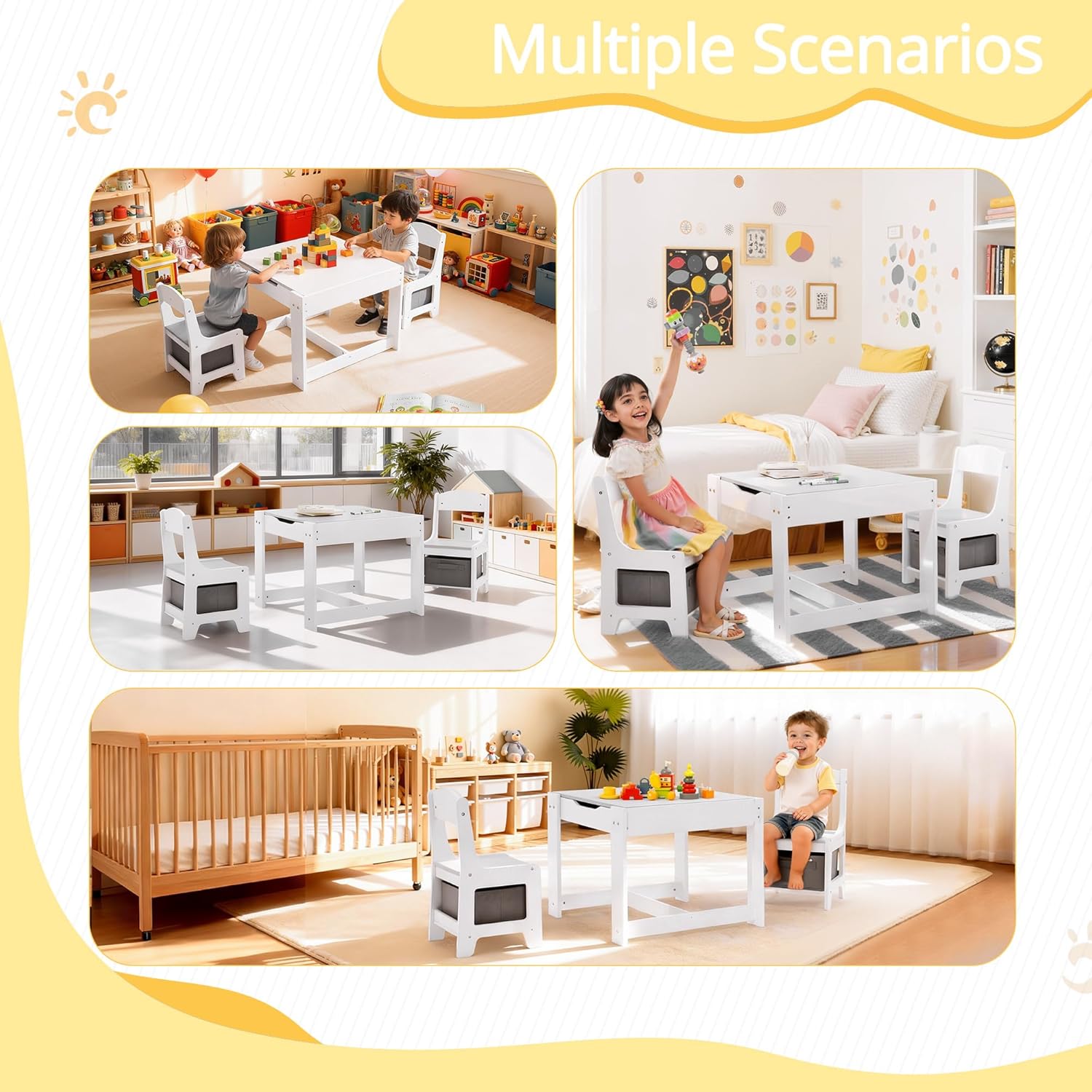 Pterying Wood Toddler Table and Chair Set - Kids Table and Chairs with Detachable Tabletop & Storage Drawers, Kids Furniture Set for Crafts, Arts, Drawing, Learning