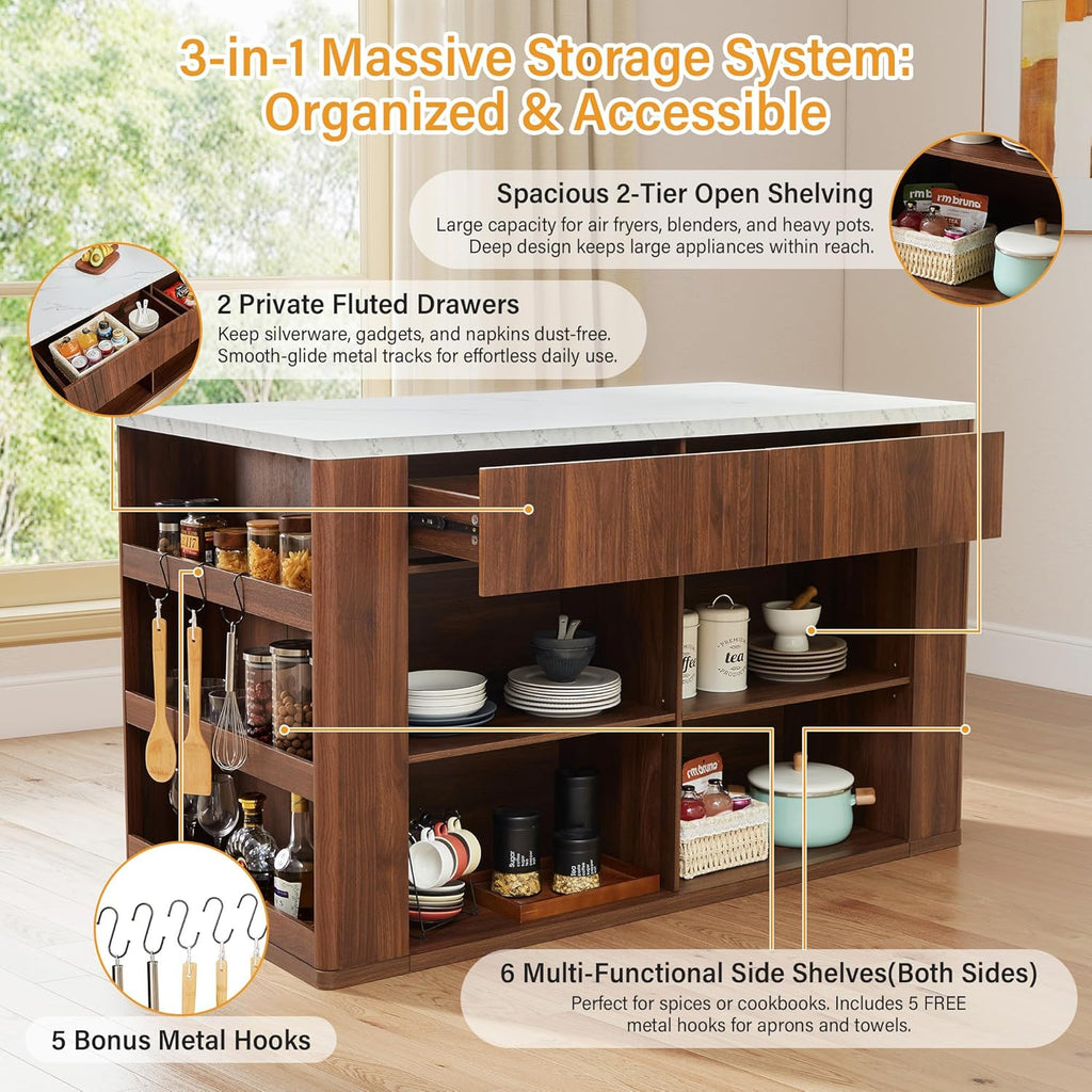 59" Kitchen Island with Storage & Seating for 2, Modern Stationary Kitchen Island with Faux Marble Top, 2 Drawers, Open Shelves & 5 Hooks, Counter Height Prep Table for Dining & Kitchen (Walnut)
