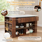 59" Kitchen Island with Storage & Seating for 2, Modern Stationary Kitchen Island with Faux Marble Top, 2 Drawers, Open Shelves & 5 Hooks, Counter Height Prep Table for Dining & Kitchen (Walnut)