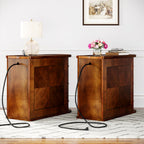 Solid Wood End Table with Charging Station, No Assembly Required Narrow Sofa Side Table for Living Room, Vintage Slim Nightstand Bedside Table (2 Drawers, Brown, 1Pc)