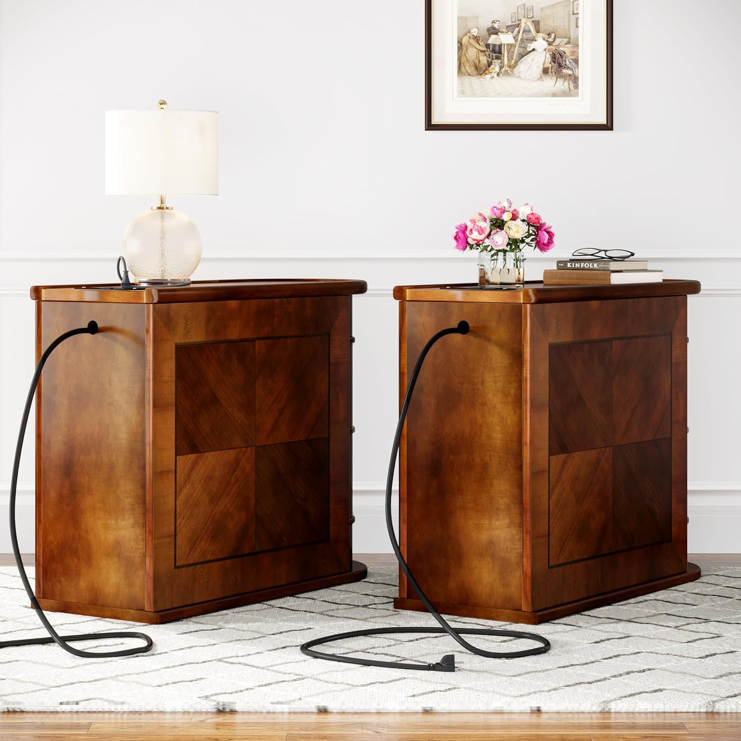 Solid Wood End Table with Charging Station, No Assembly Required Narrow Sofa Side Table for Living Room, Vintage Slim Nightstand Bedside Table (2 Drawers, Brown, 1Pc)