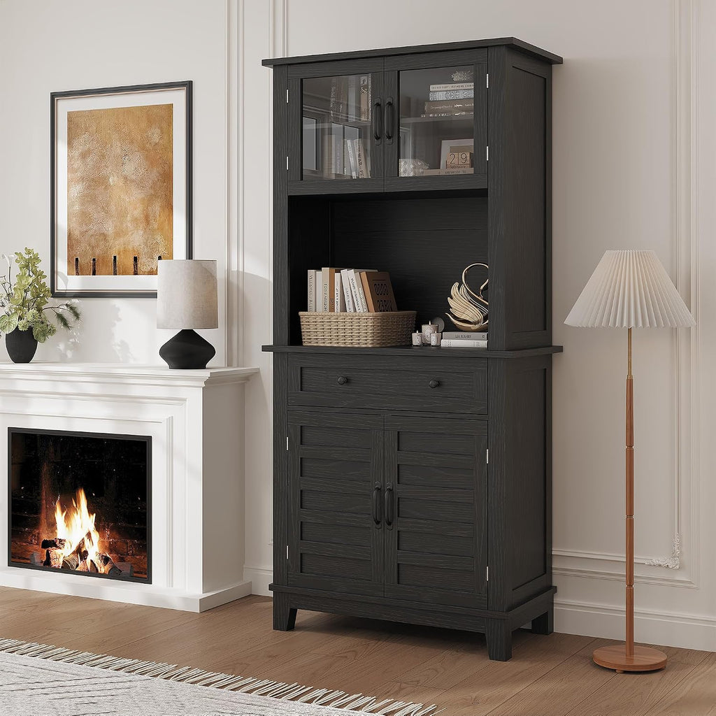 Garvee 72 in Tall Kitchen Pantry Cabinet, Kitchen Hutch Bar Cabinet with Microwave Stand, Cupboard with Drawers Glass Doors for Dining Room, Living Room, Dark Black