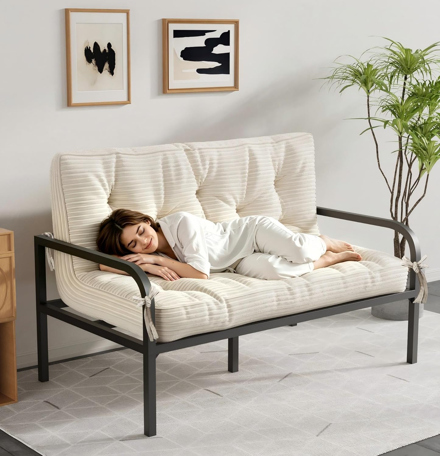 6" Futon Mattress Queen Size, Corded Fabric Floor Mattress with Straps, Foldable Japanese Tatami Mattress, Portable Sleeping Pad for Camping Guest Room Dormitory (Frame Not Included), Beige