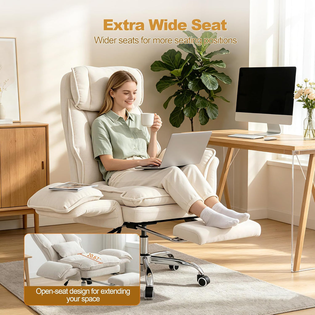 Office Chair with Flip Armrests & Foot Rest,Criss Cross Legged Home Office Desk Chair with Pet Seat,Ergonomic Reclining Computer Gaming Chair,High Back Executive Chair with Lumbar Pillow(White)
