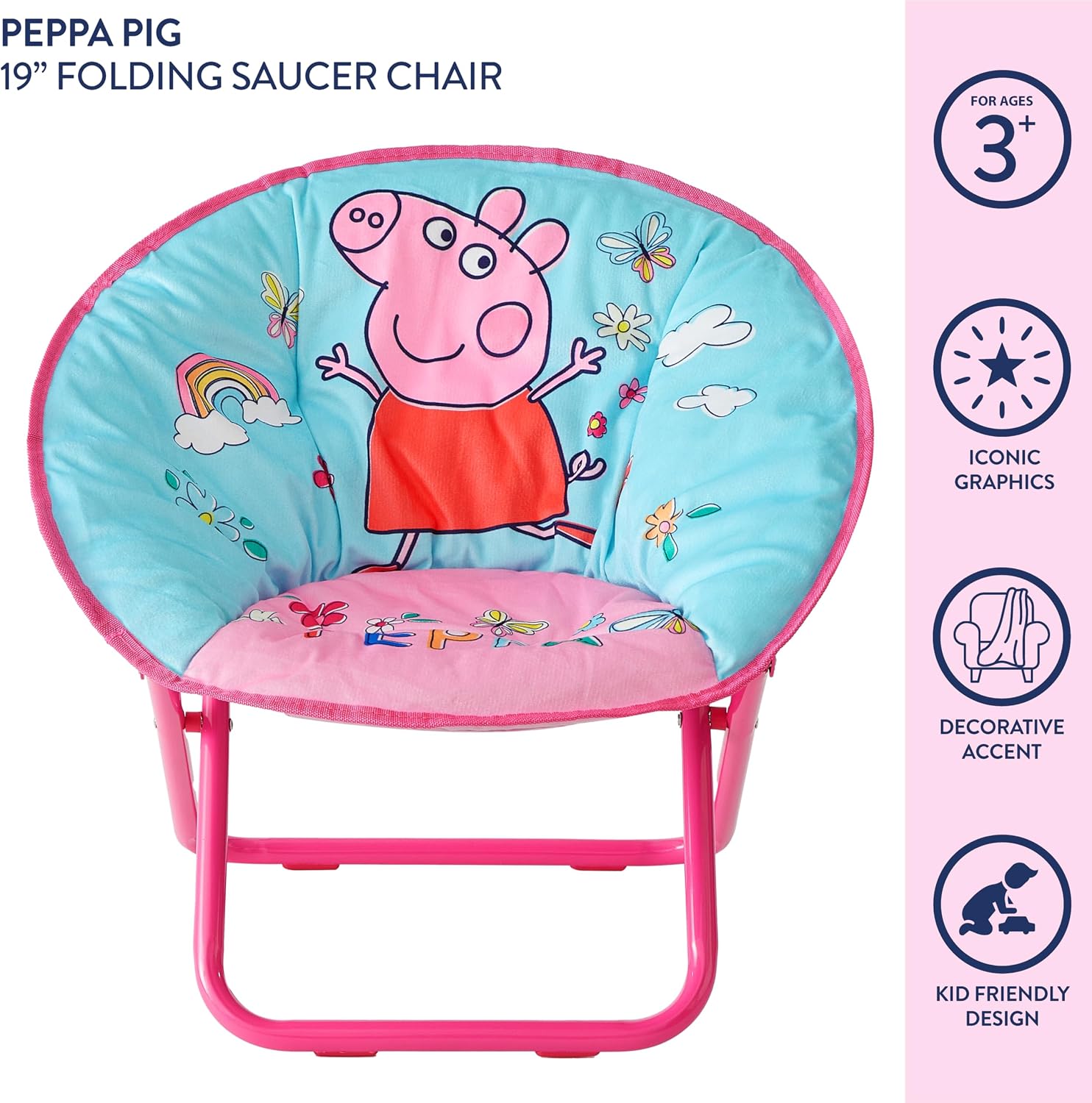 Idea Nuova 19” Folding Saucer Chair for Bedroom, Playroom, or TV Room, Toddler Chair with Foldable Metal Frame, Portable & Comfortable,Ages 3+,Peppa Pig