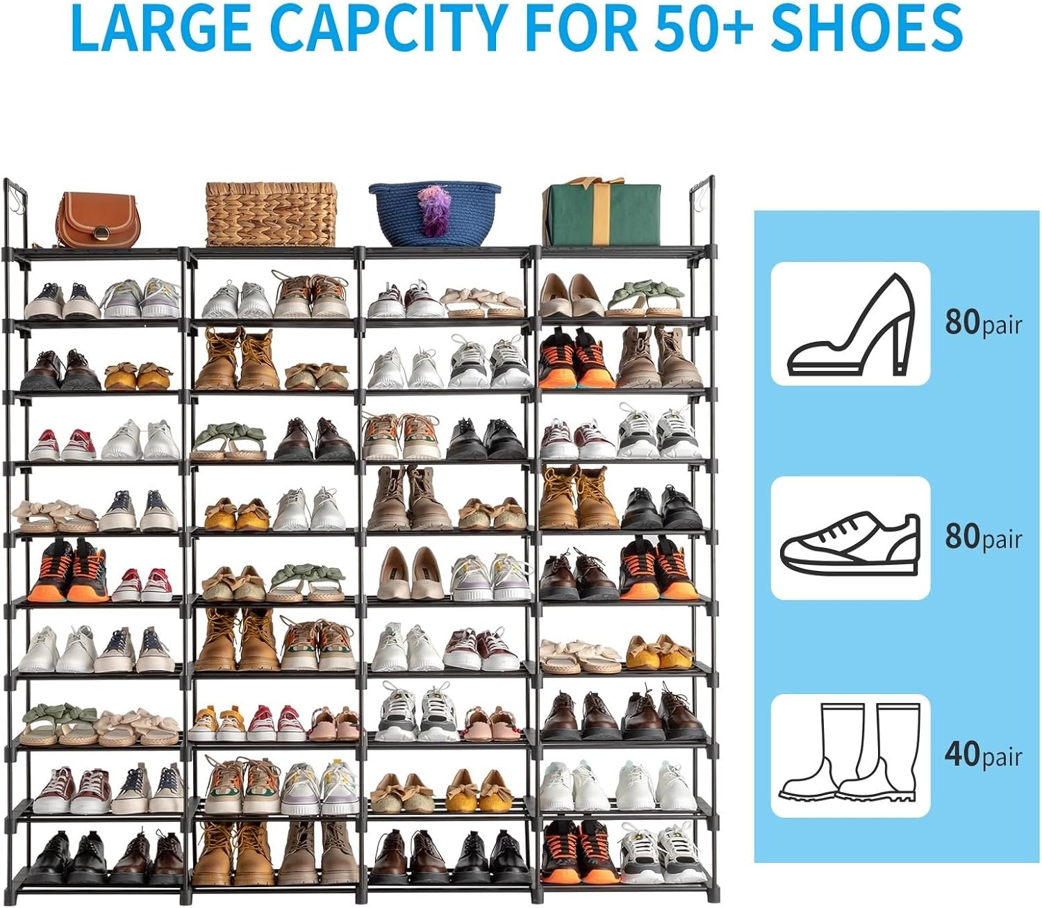 10 Tiers Metal Shoe Rack Organizer, 80 Pairs Large Capacity Shoe Storage Shelf with Side Hooks Adjustable PP Shelves Tool-Free Assembly Black Shoe Stand for Entryway Closet Garage Dorm