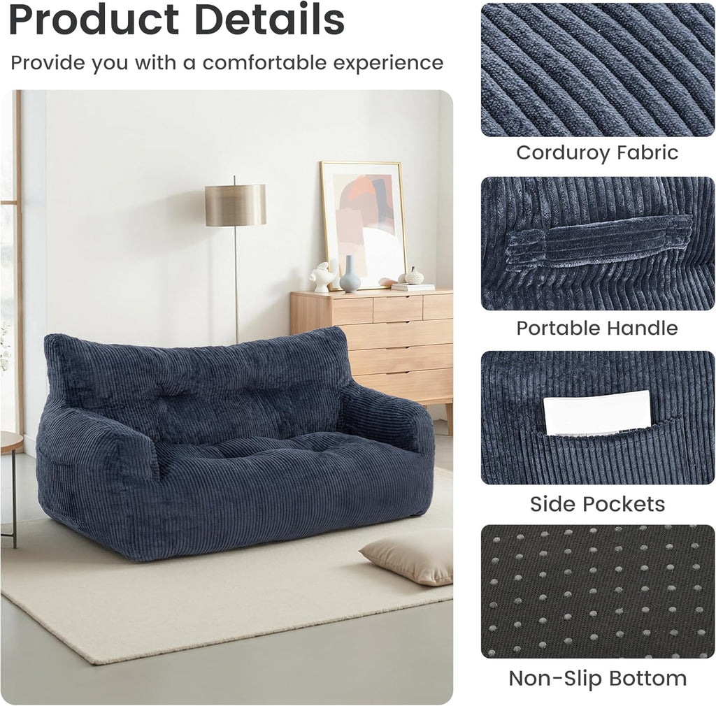 Pamapic 59" Bean Bag Chair,2 Seat Loveseat Sofa,Ultra Soft Dutch Velvet,Fluffy Comfort Washable Cover,Corduroy Lazy Sofa Bed for Adults,Fit Living Room, Bedroom,Outdoor Spaces,72h Rebound,Blue