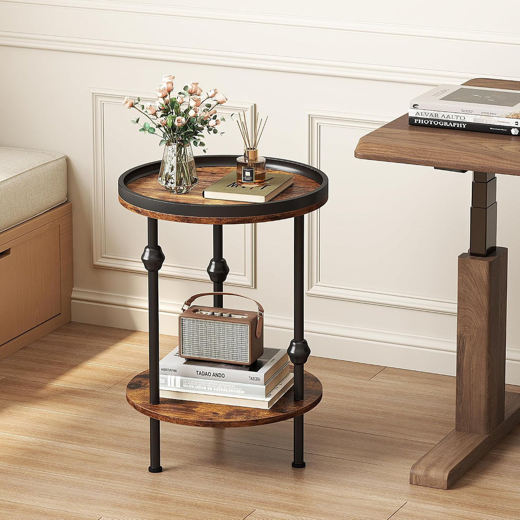 Farmhouse Round Side Table with Storage Shelf,2 Tier End Table with Raised Edge Tray Top,Accent Sofa Table for Small Space,Living Room,Bedroom,Rustic Brown