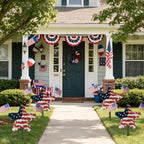 2 Pack Star Topiary Trees for 4th of July Decoration, Outdoor Artificial Plant with Pot & Ground Spike, Front Porch Star Shaped Patriotic Decor w/4 USA Flags, for Memorial Day Independence Day