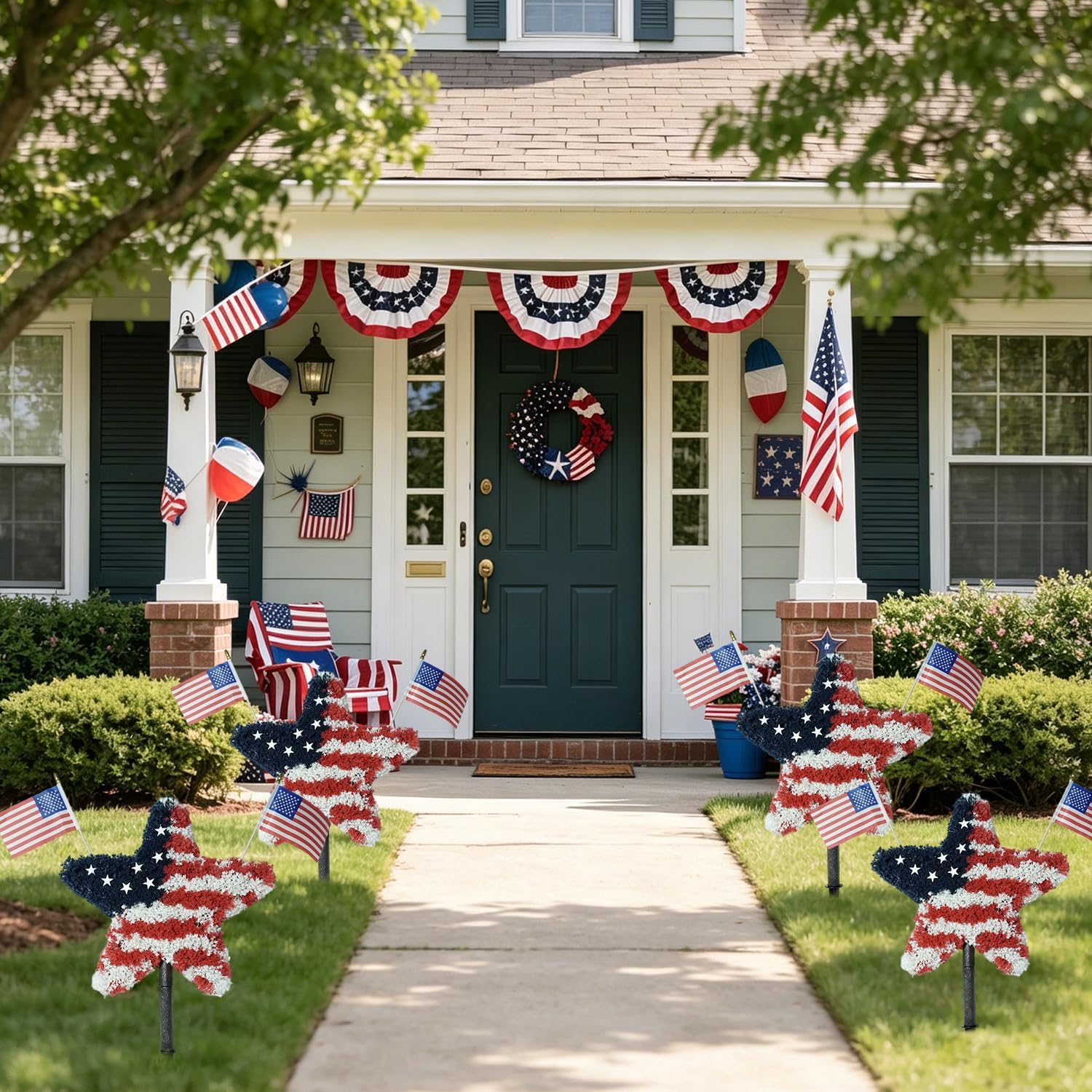2 Pack Star Topiary Trees for 4th of July Decoration, Outdoor Artificial Plant with Pot & Ground Spike, Front Porch Star Shaped Patriotic Decor w/4 USA Flags, for Memorial Day Independence Day