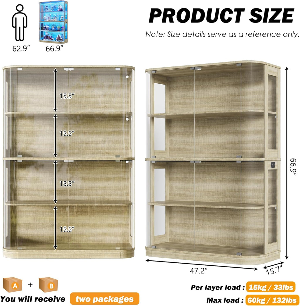 PAKASEPT 47.2" Large Rounded Display Cabinet with Glass Doors, 4-Tier Curio Cabinet Storage Case with LED Lights & Press-to-Open Doors, Modern Display Shelf for Collectible,Human Body Sensor, Natural