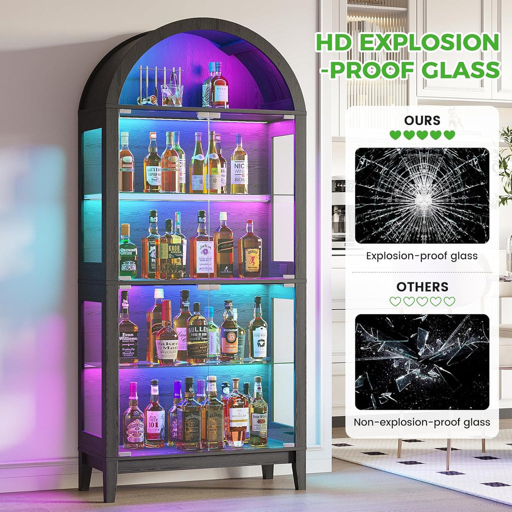 HNEBC Arched Display Case with RGB Lights, 69" Tall 5-Tier Tempered Glass Display Cabinet with Doors, LED Curio Cabinet with Shelf, Bookcase with Music-Synced Lighting for Living Room (Black)